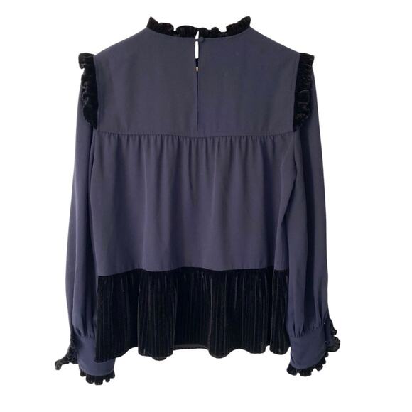 Crosby by Mollie Burch Navy Blue Black Velvet Ruffle Trim Blouse size medium - Picture 6 of 9